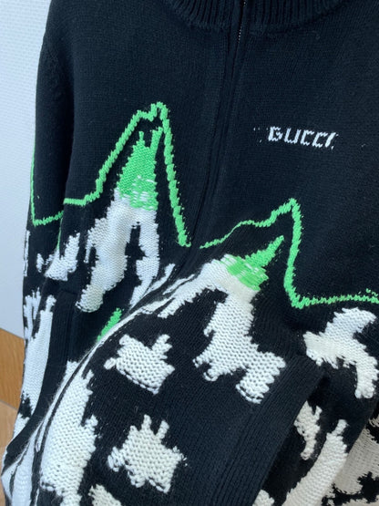 Gucci Wool Jacquard Zip Jacket with Intarsia "Black-Multicolour"