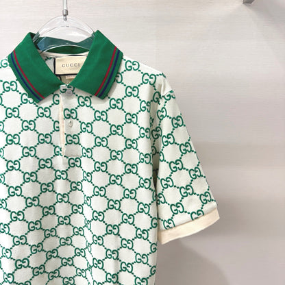 Gucci GG Embroidered Cotton Polo T-Shirt "Off White-Green"