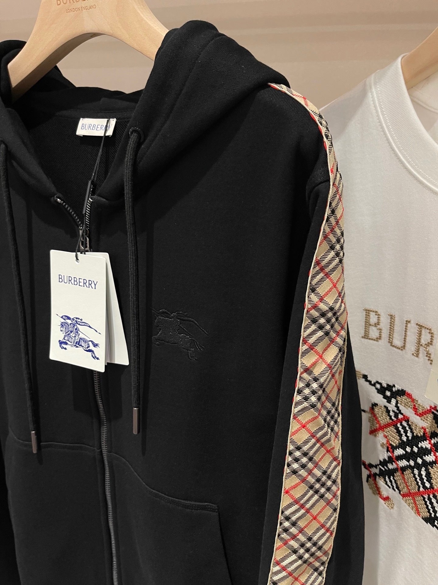 Burberry Check Trim Cotton Zip Hoodie "Black"