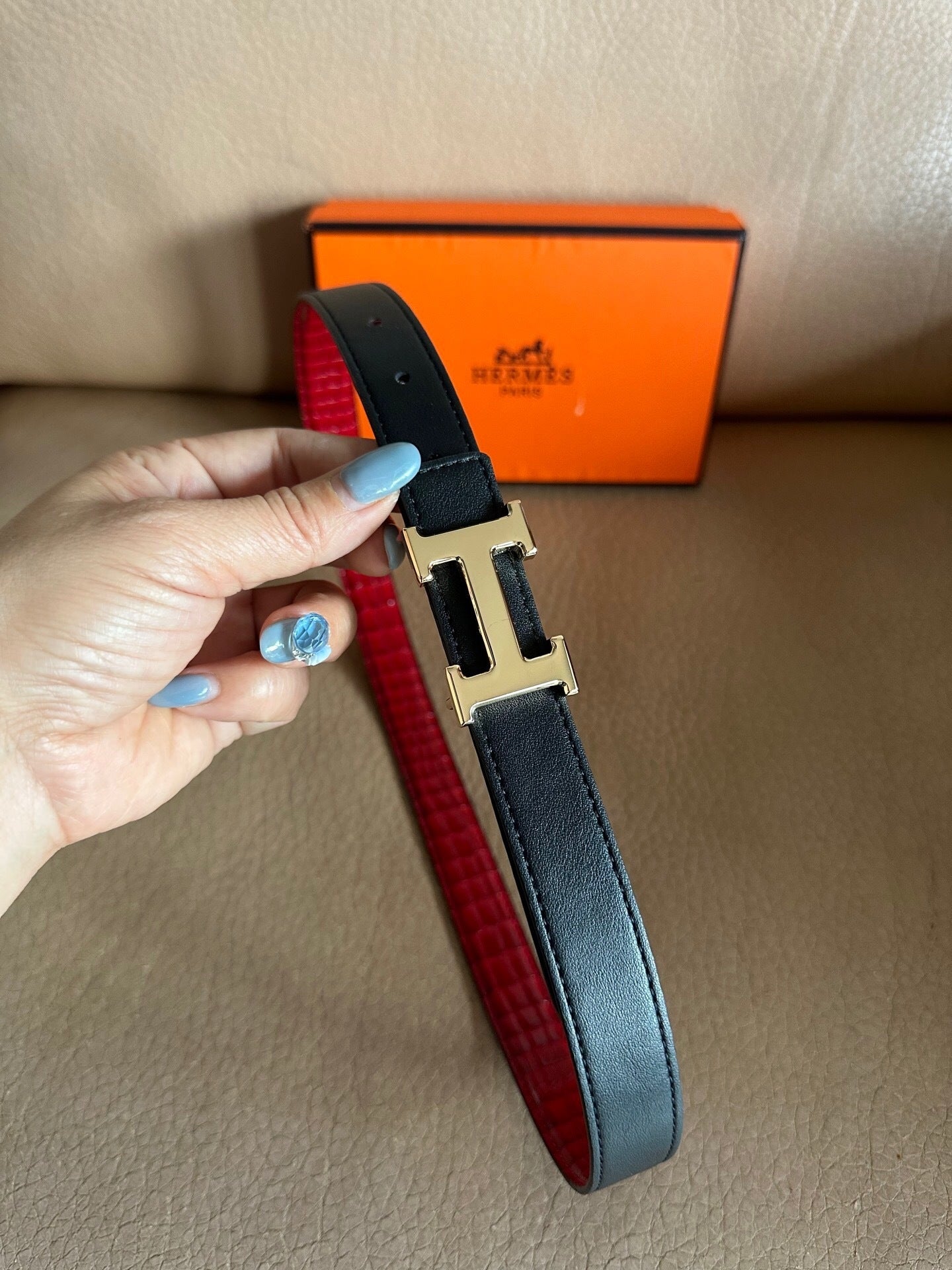 Hermes Constance Belt Buckle & Reversible Leather Strap "Red" and "Black"