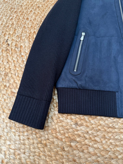 Brunello Cucinelli Suede and Wool Knit Bomber Jacket "Navy Blue"