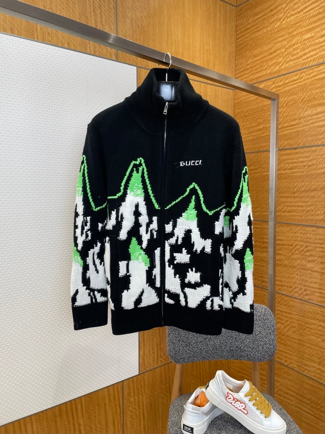 Gucci Wool Jacquard Zip Jacket with Intarsia "Black-Multicolour"