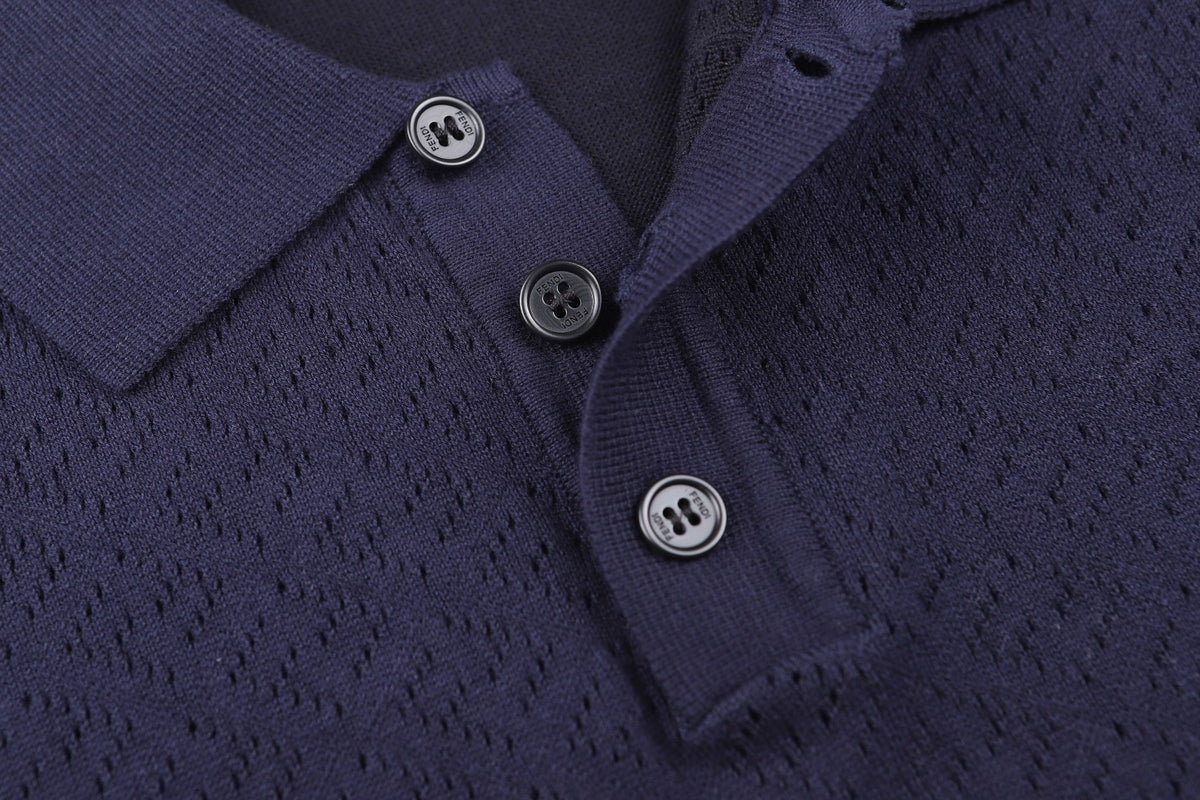 Fendi Cotton and Viscose Tricot Polo Shirt "Dark Blue"