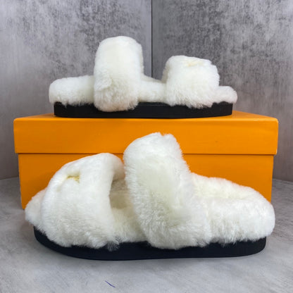Louis Vuitton Sunset Comfort Nude Shearling Flat Mules "White"