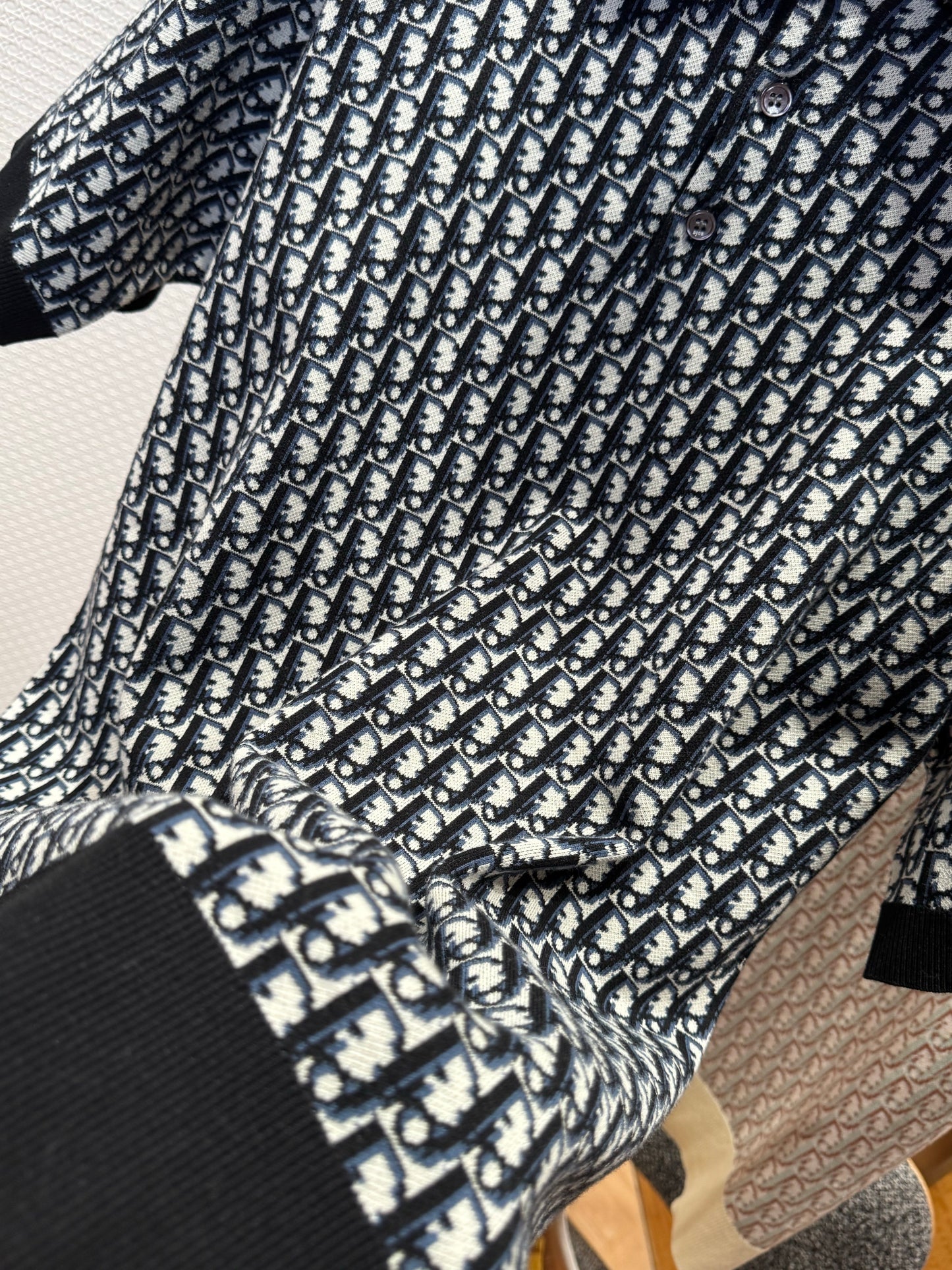 Dior Oblique Polo Shirt "Black , White and Blue Cotton Jacquard"