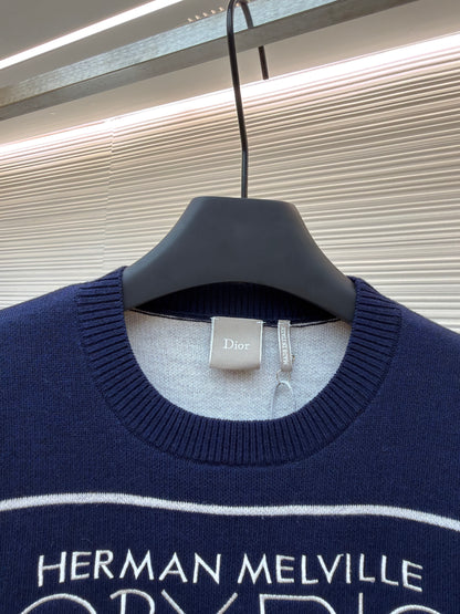 Dior Sweater with Book Cover Embroidery and Intarsia "Navy Blue Wool-Cotton-Alpaca-Blend Intarsia"