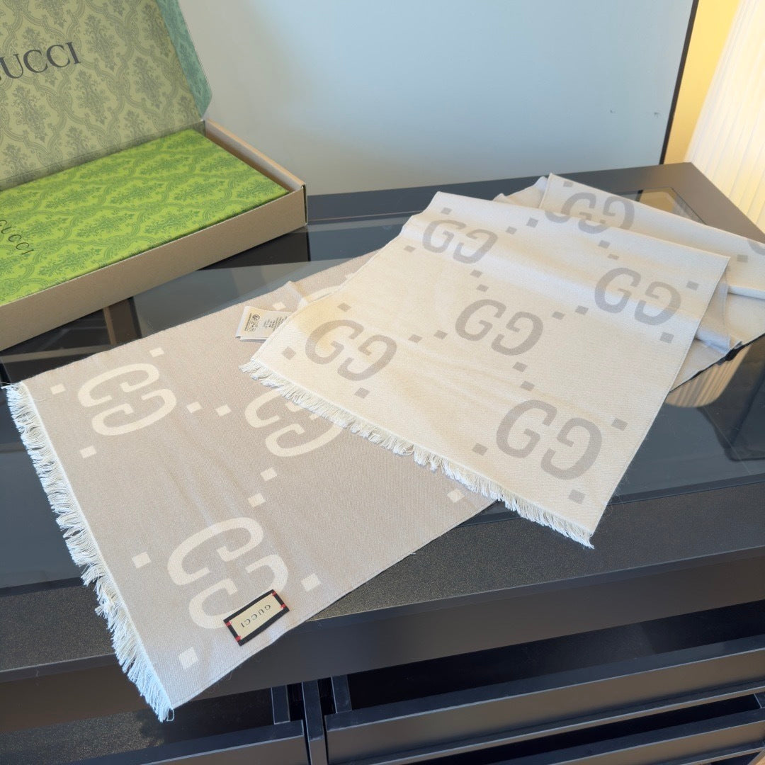 Gucci GG Jacuard Wool and Silk Scarf "Cream"