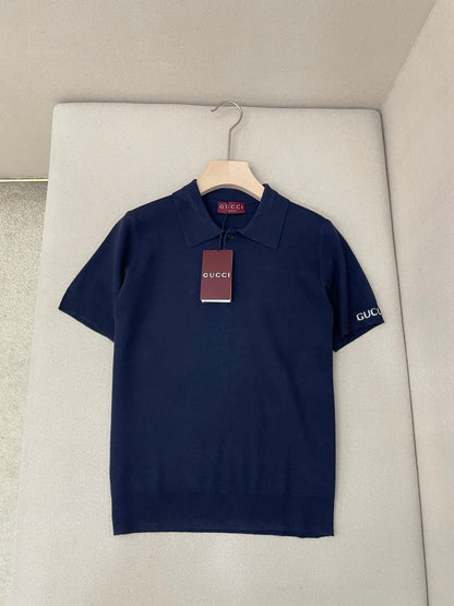 Gucci Silk Cotton Knit Polo Shirt "Navy"