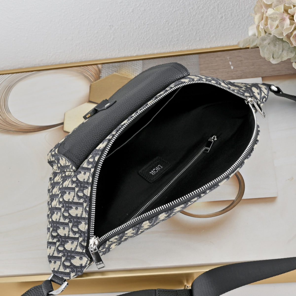 Dior Saddle Belt Bag "Dior Oblique Jacquard in Beige and Black and Grained Calfskin in Black"