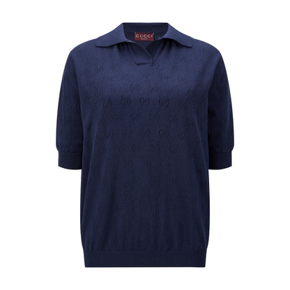 Gucci GG Pointelle Cotton Silk Polo Shirt "Blue"