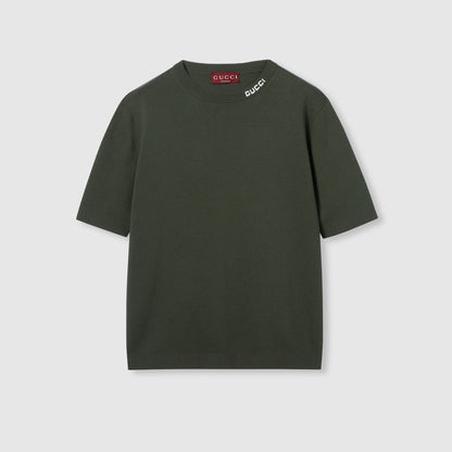 Gucci Silk Cotton T-shirt with Gucci Intarsia "Forest Green"
