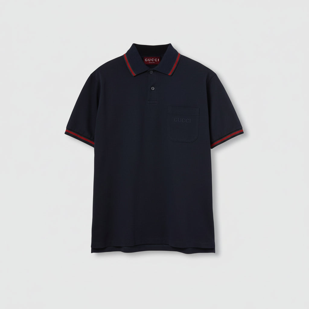 Gucci Embroidered Stretch Cotton Polo T-Shirt "Dark Blue"