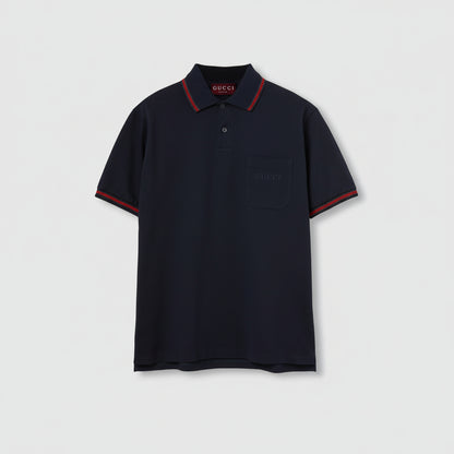 Gucci Embroidered Stretch Cotton Polo T-Shirt "Dark Blue"