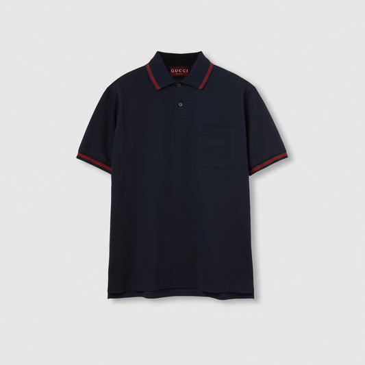 Gucci Embroidered Stretch Cotton Polo T-Shirt "Dark Blue"