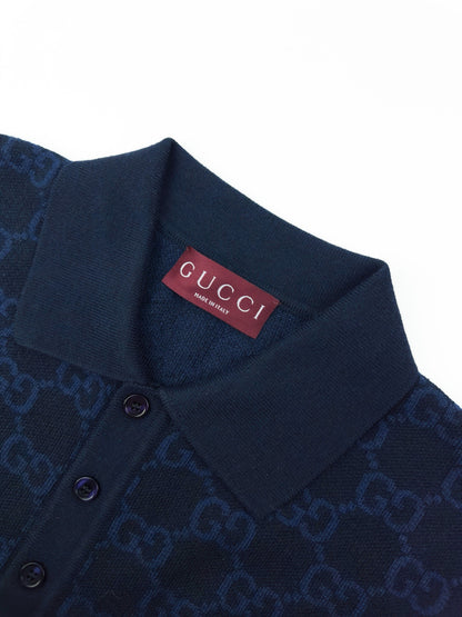 GG Cotton Silk Jacquard Polo Shirt "Dark Blue"