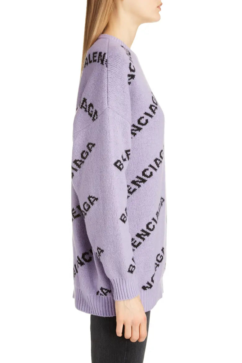 Balenciaga All-Over Logo Intarsia Knit Sweater "Lilac-Black"