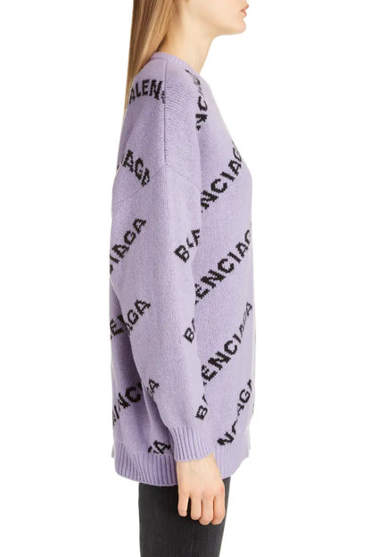Balenciaga All-Over Logo Intarsia Knit Sweater "Lilac-Black"