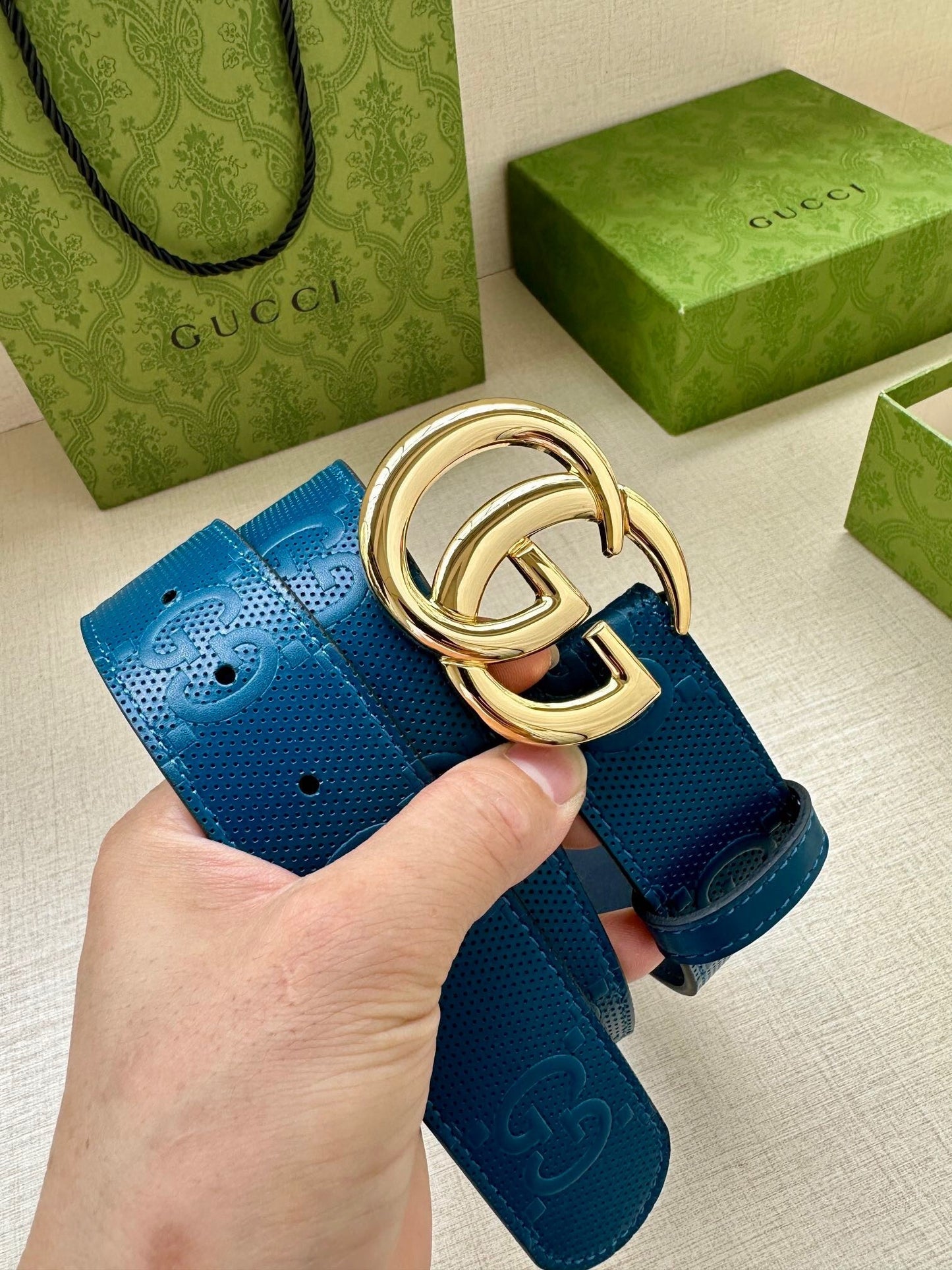Gucci GG Marmont Leather Belt "Blue"