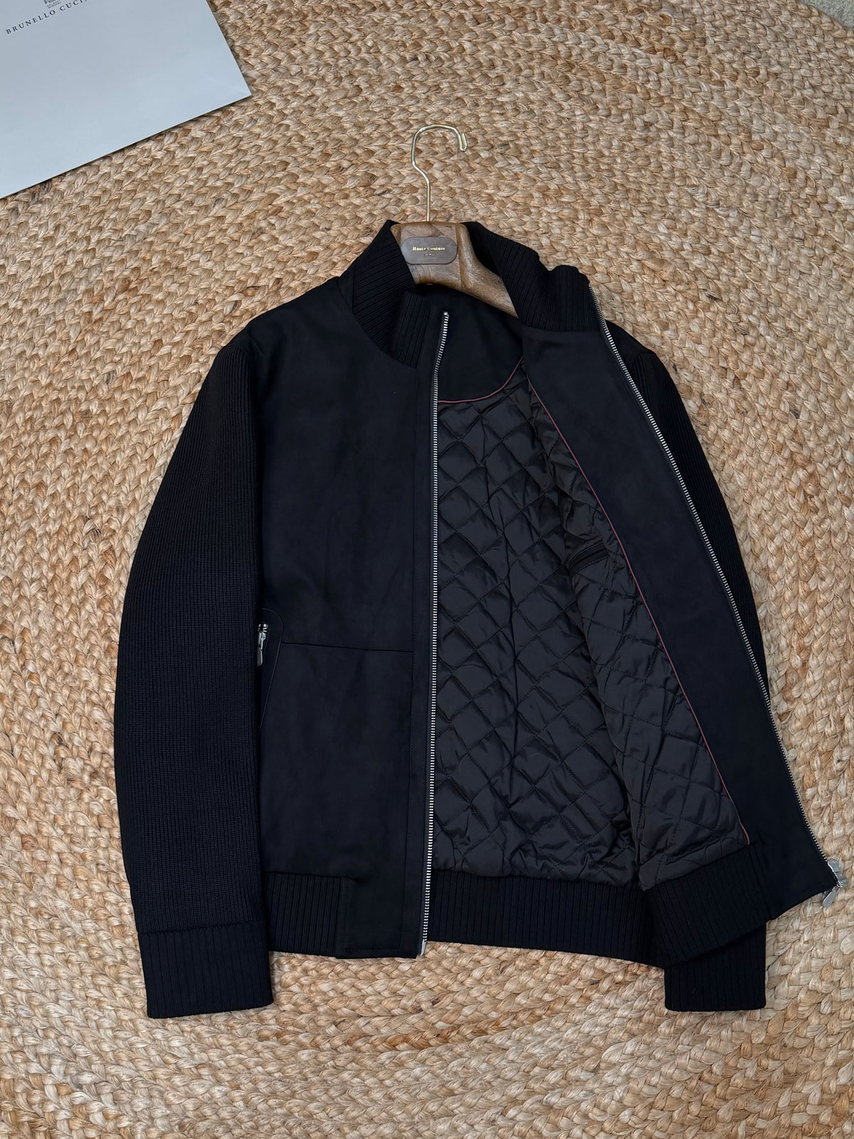 Brunello Cucinelli Suede and Wool Knit Bomber Jacket "Black"