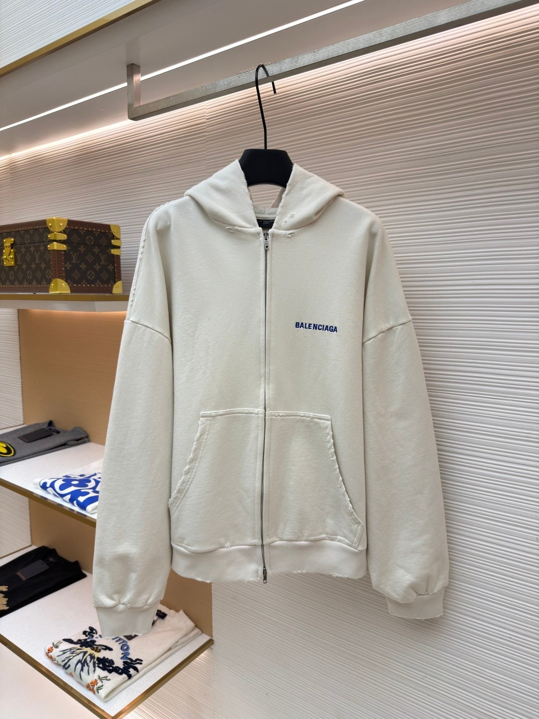 Balenciaga Logo Embroidered Distressed Zip-up Hoodie "White-Blue"