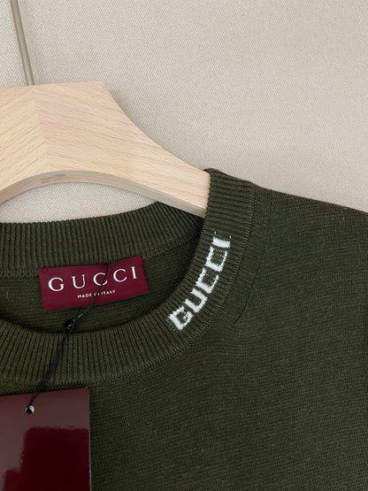 Gucci Silk Cotton T-shirt with Gucci Intarsia "Forest Green"