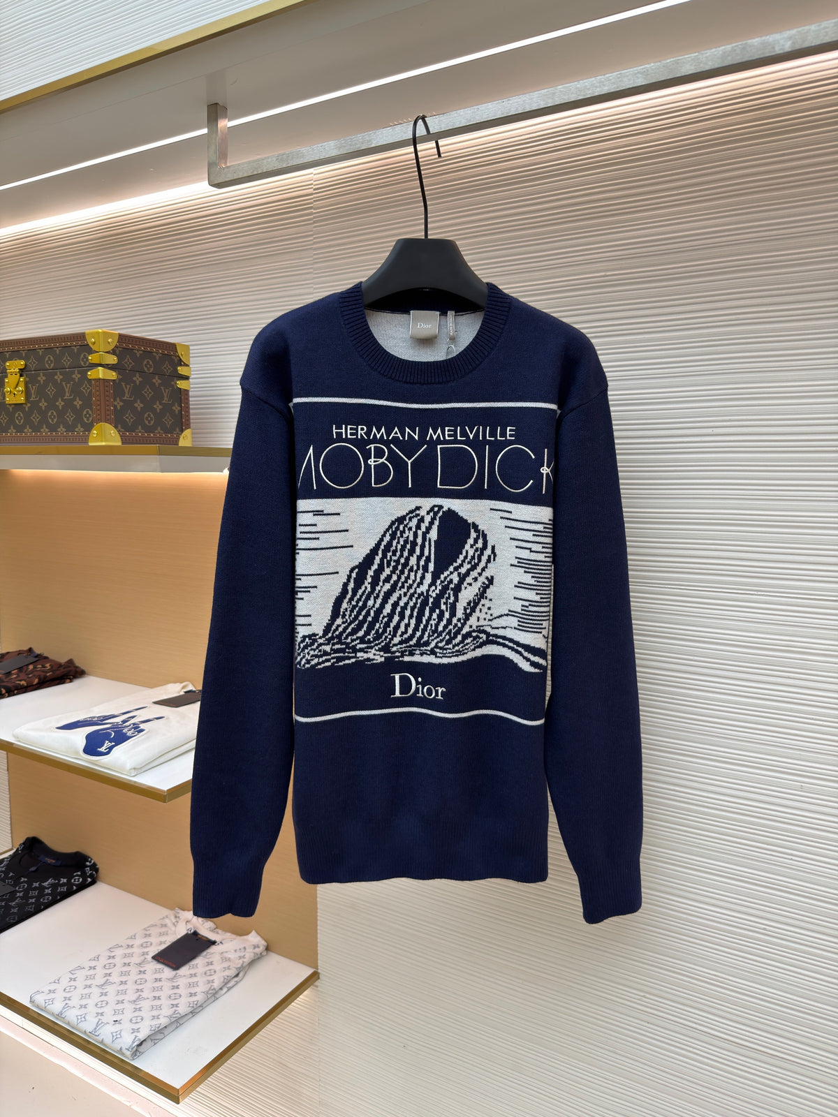 Dior Sweater with Book Cover Embroidery and Intarsia "Navy Blue Wool-Cotton-Alpaca-Blend Intarsia"