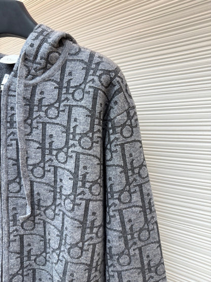 Dior Hooded Zip-up Cardigan "Gray Dior Oblique Wool Blend Jacquard"