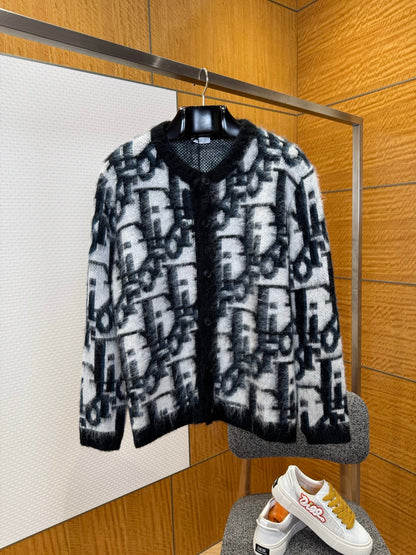 Dior Oblique Brushed Wool Jacquard Cardigan "Black-White"