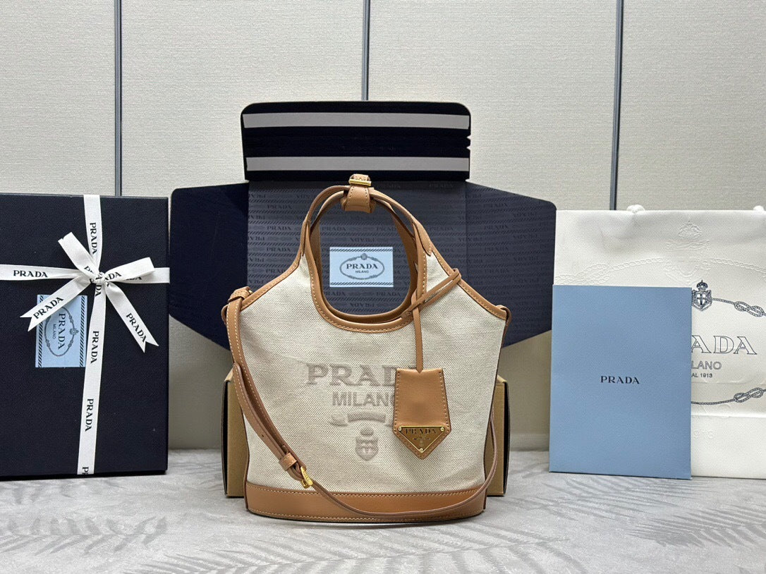 Prada Medium Linen Blend and Leather Tote Bag
