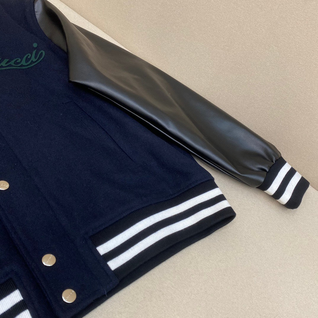 Gucci Wool & Leather Varsity Jacket "Navy Blue"