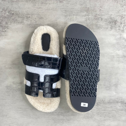 Hermes Chypre Sandals "Black Crocodile Pattern"