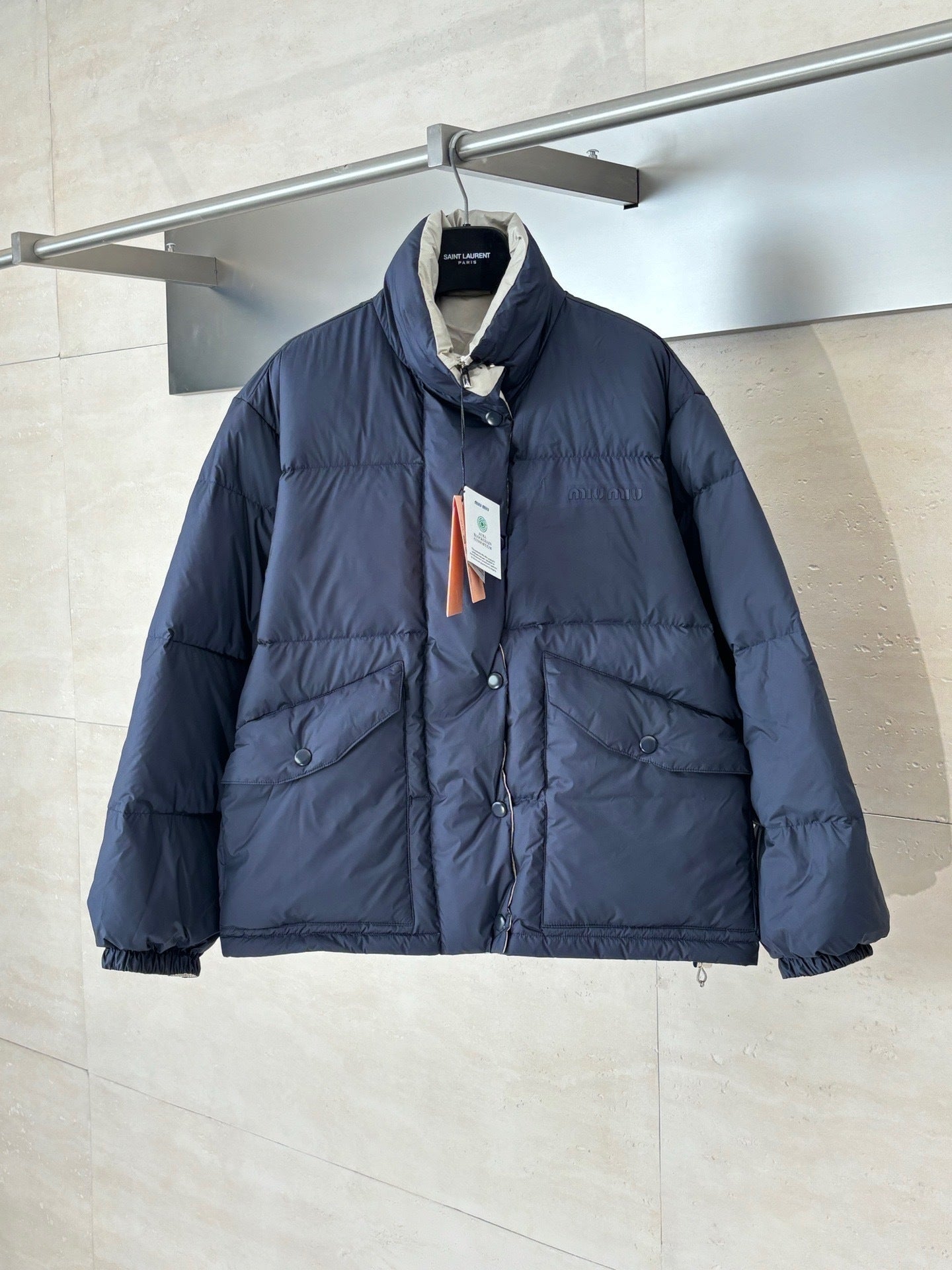 Miu Miu Reversible Technical Pongé Down Jacket "Beige/Blue"