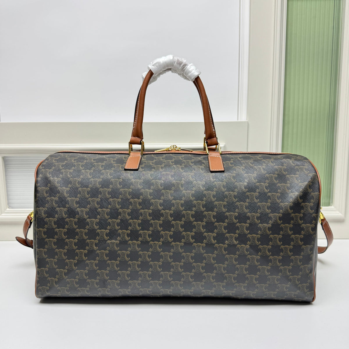 Celine Large Voyage Bag in Triomphe Canvas with Celine Print "Tan"