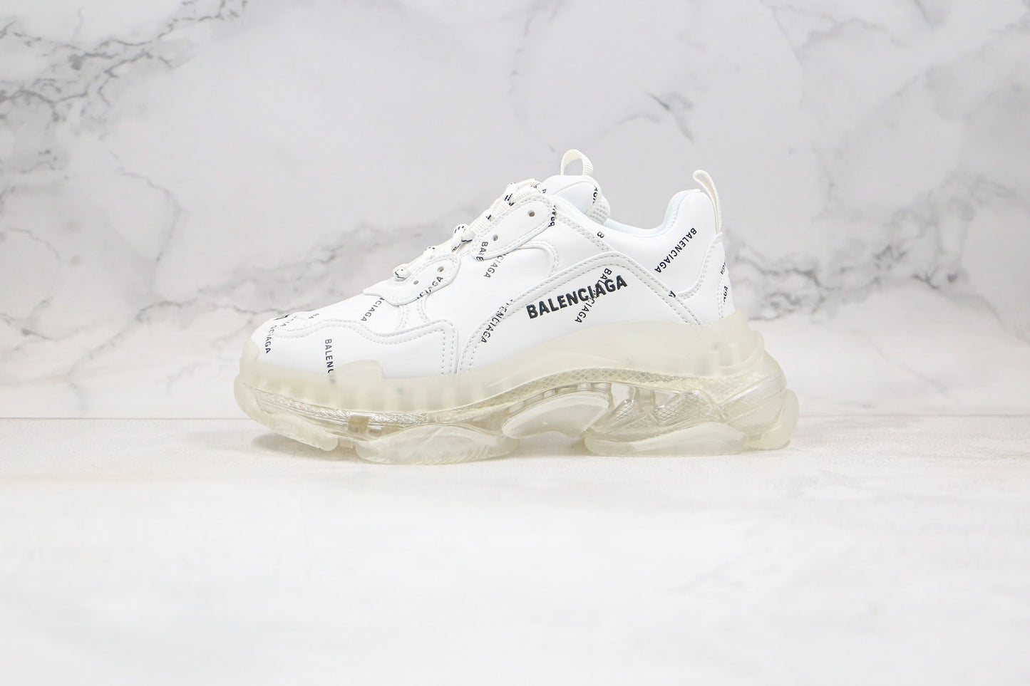 Balenciaga Triple S "White-All Over Logo-Clear Sole"