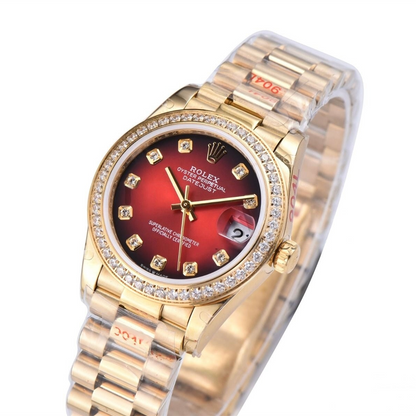Rolex Date Just 31mm President Bracelet Diamond Bezel Red Dial