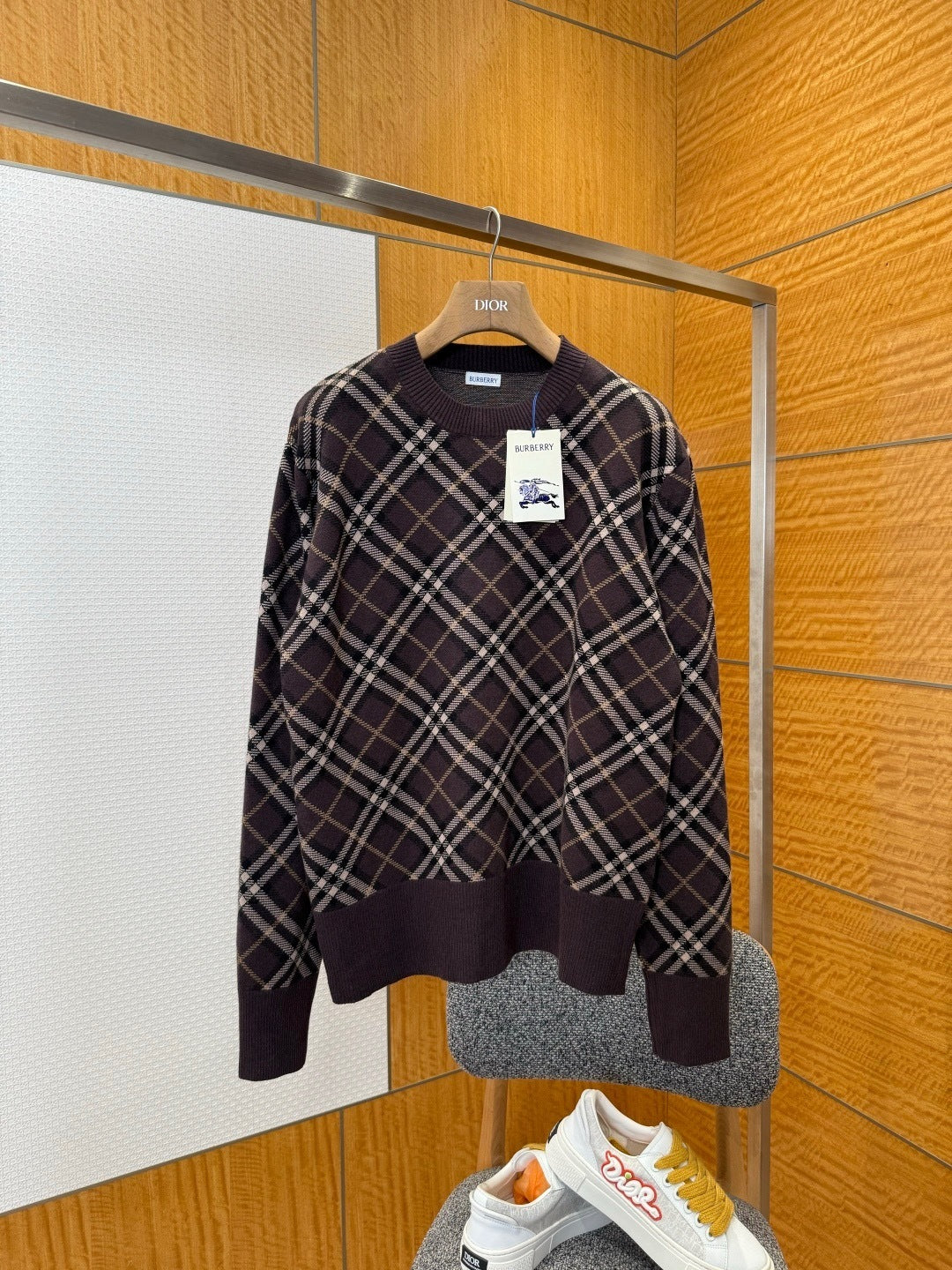 Burberry Check Wool Cashmere Blend Sweater "Truffle Brown"