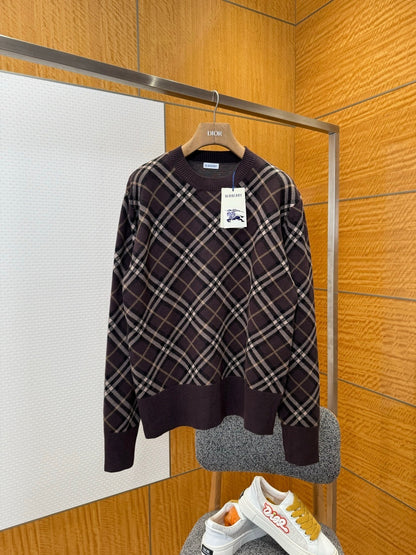 Burberry Check Wool Cashmere Blend Sweater "Truffle Brown"