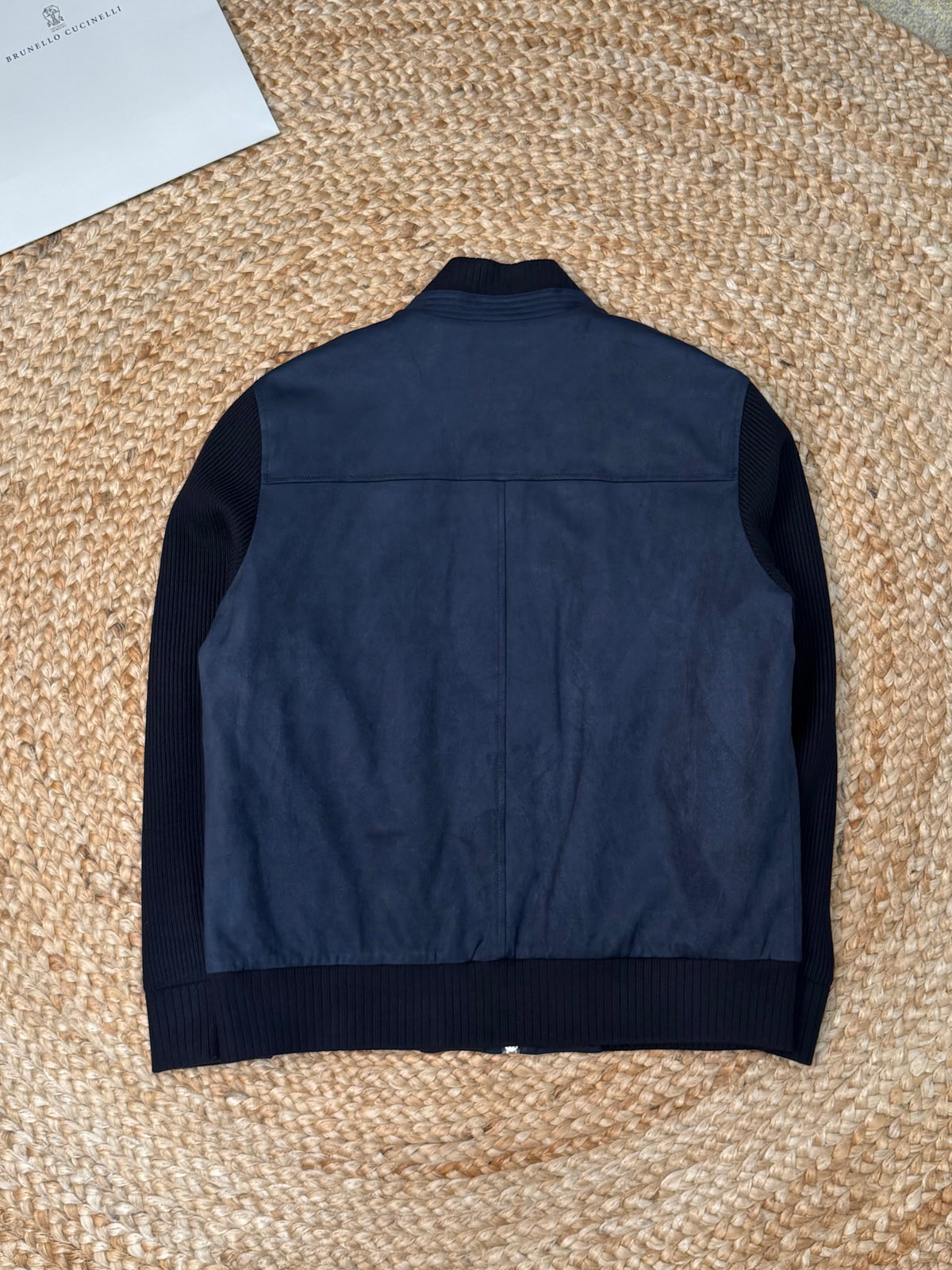 Brunello Cucinelli Suede and Wool Knit Bomber Jacket "Navy Blue"