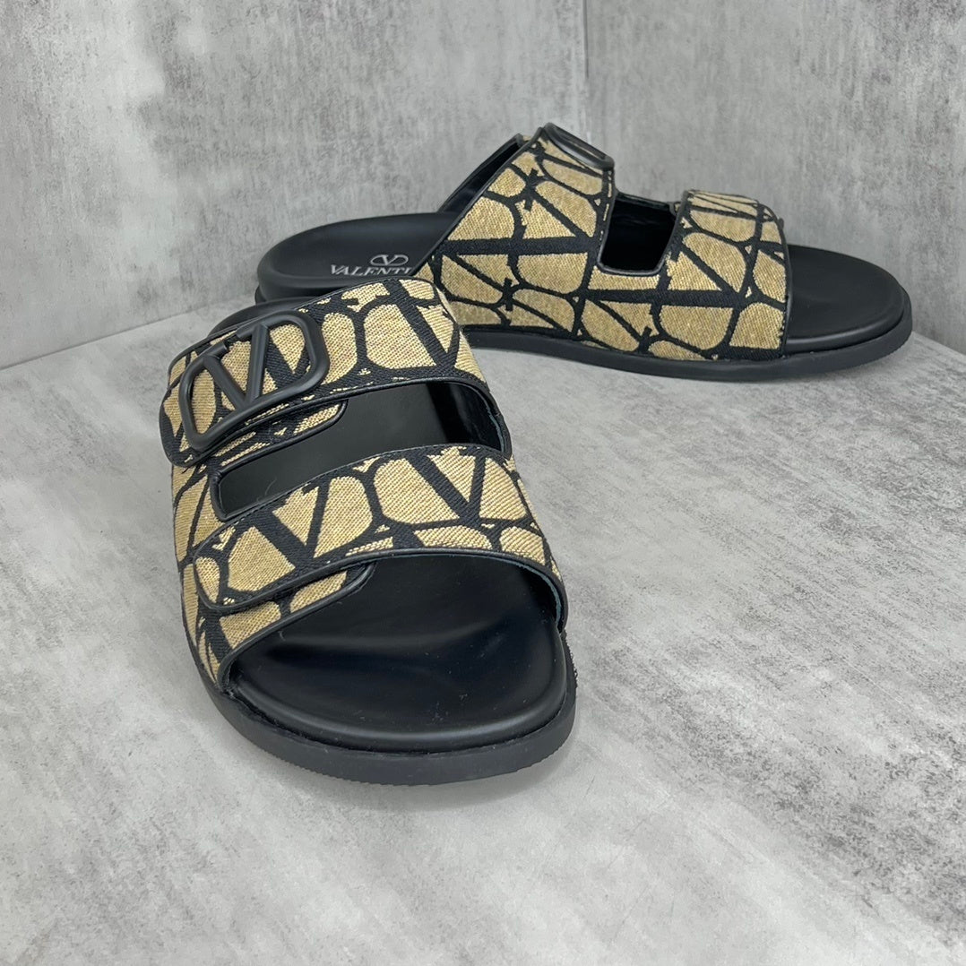 Valentino Garavani VLogo Toile Iconographe Double-Strap Sandals "Beige-Black"