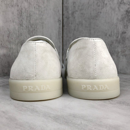 Prada Logo-Plaque Suede Loafers "White"
