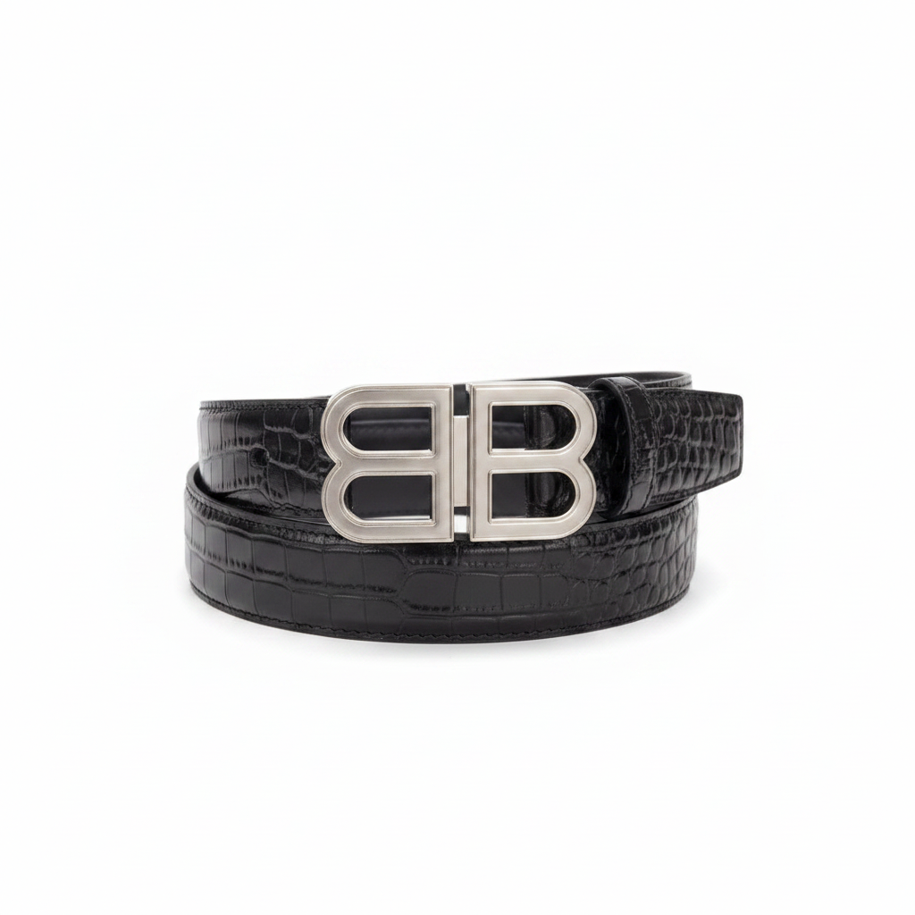 Balenciaga BB Logo Croc Effect Leather Belt "Black"