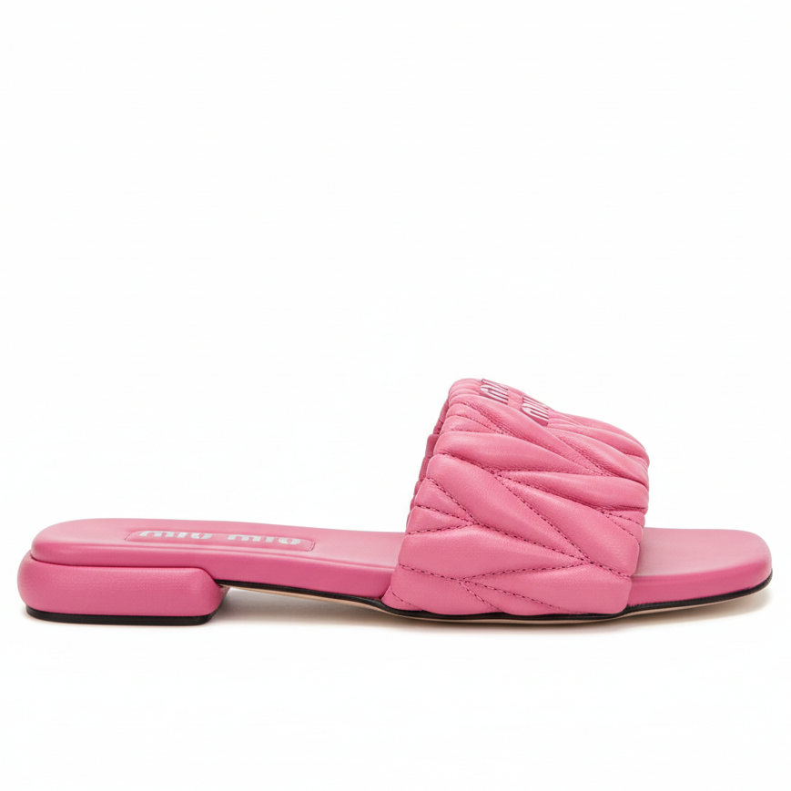 Miu Miu Logo Matelassé Leather Slides "Pink"