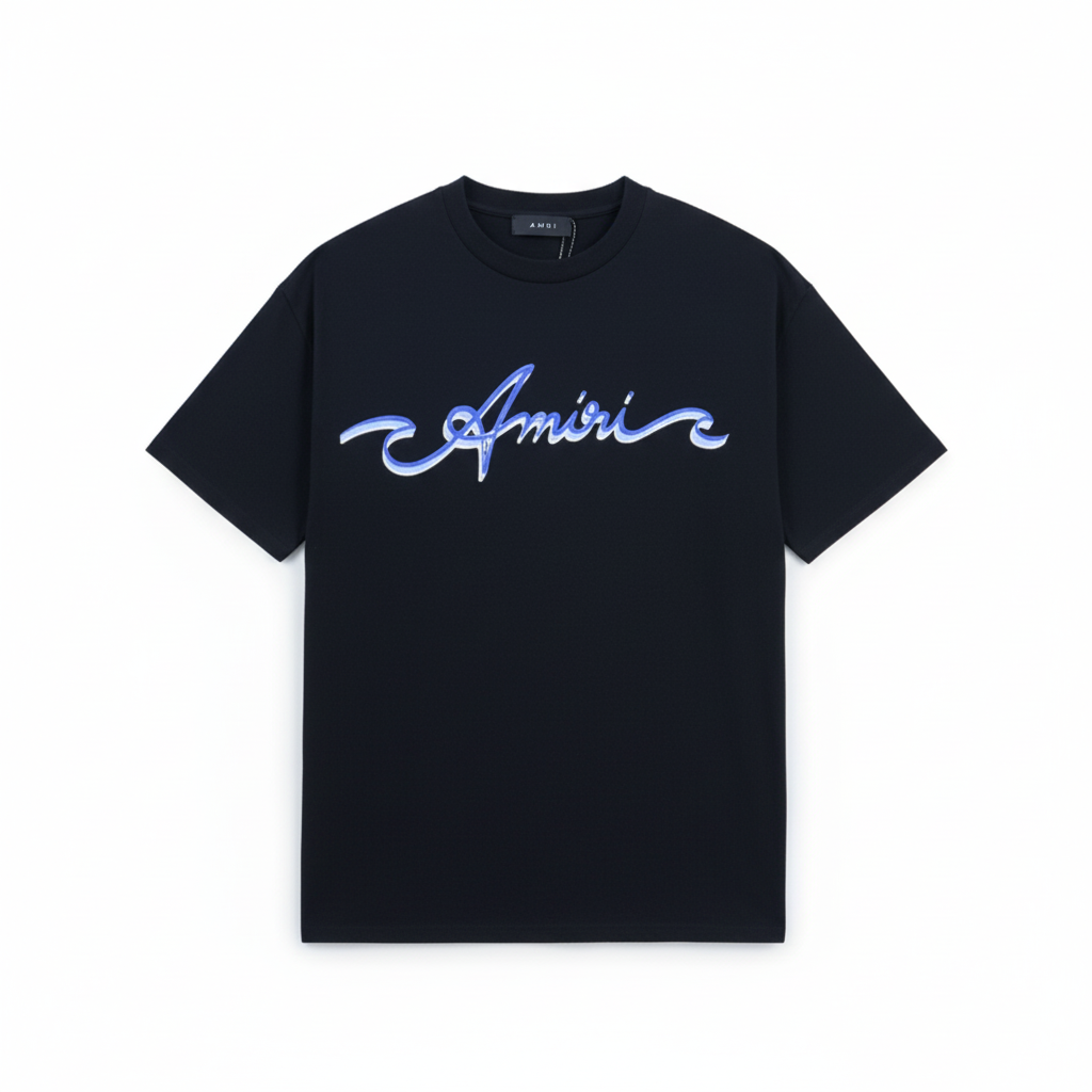 Amiri Wave Logo Print T-Shirt "Black-Blue"