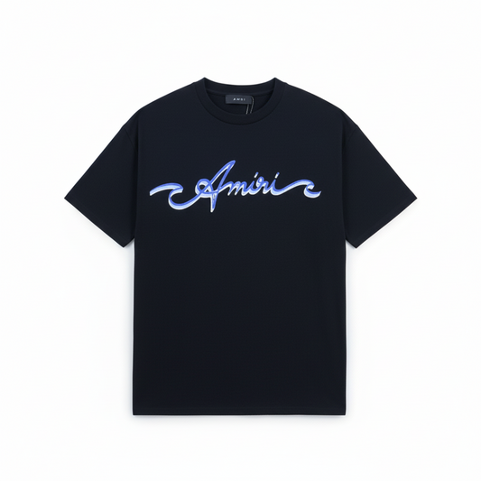 Amiri Wave Logo Print T-Shirt "Black-Blue"