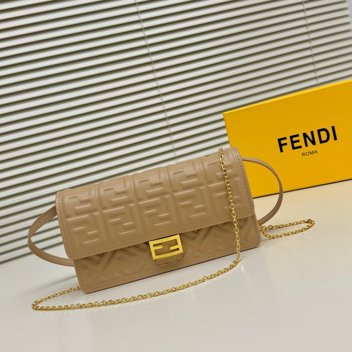 Fendi Tube Wallet On Chain "Light Brown Nappa Leather Wallet with FF Motif"