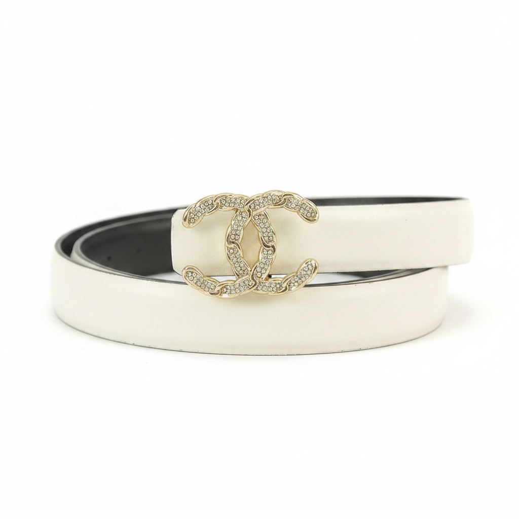 Chanel Crystal CC Leather Belt "White-Gold"