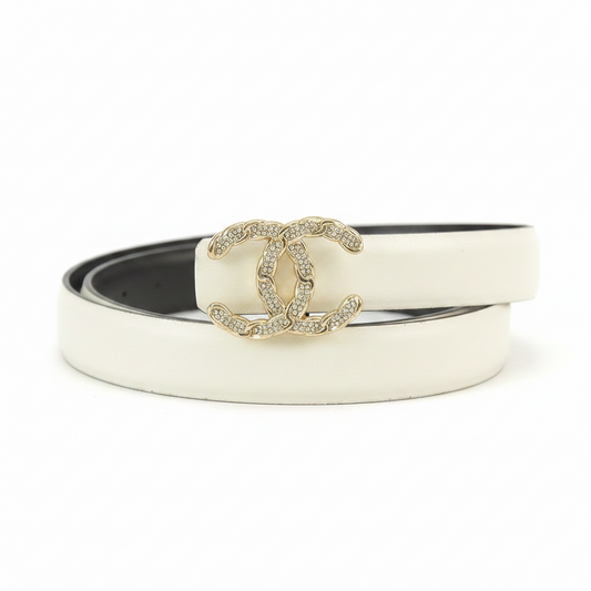 Chanel Crystal CC Leather Belt "White-Gold"