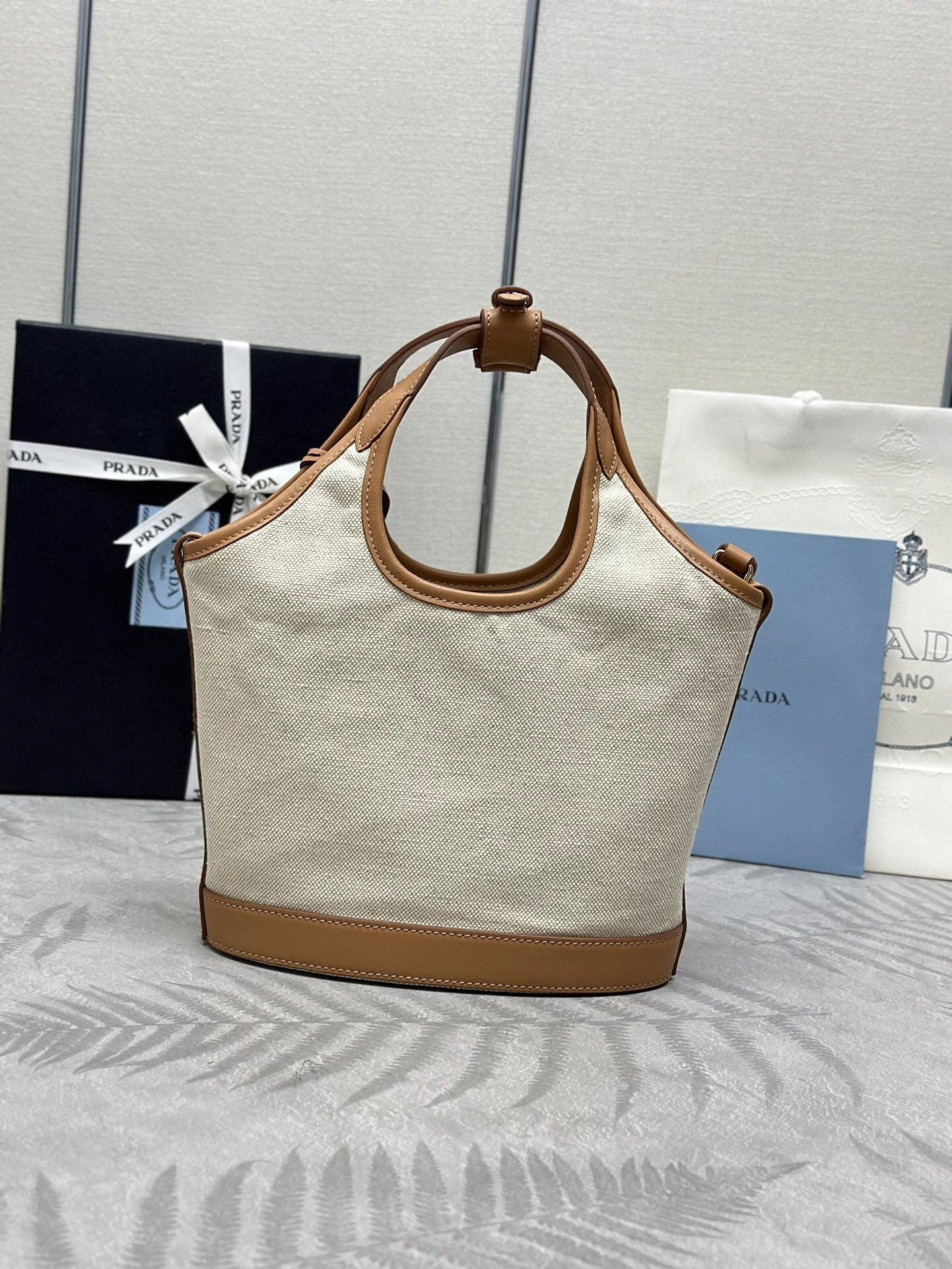 Prada Medium Linen Blend and Leather Tote Bag