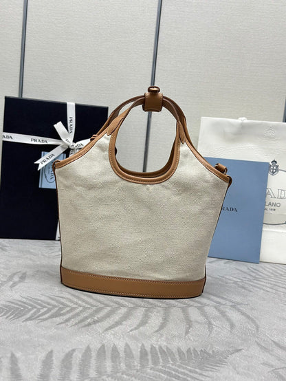 Prada Medium Linen Blend and Leather Tote Bag