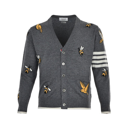 Thom Browne 4-Bar Bees and Birds Cardigan "Grey"